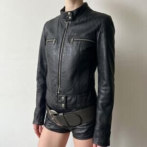 Fitted Black Leather Moto Jacket Indie Sleaze Tumblr